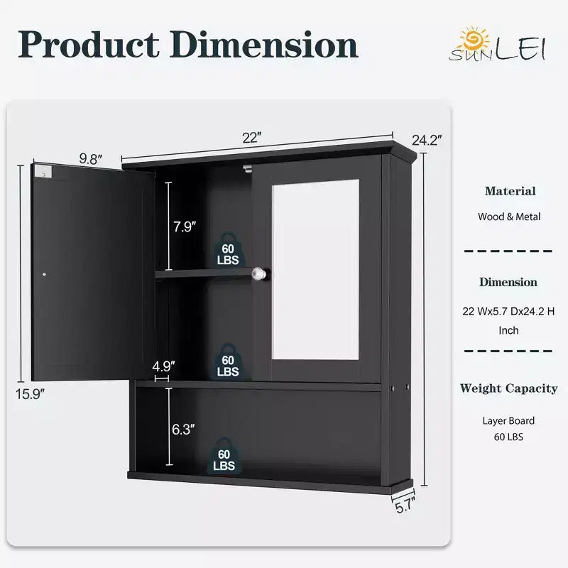 Armoire à pharmacie de salle de bain Celebalcony avec miroir, murale, organisateur suspendu en bois à compartiments ouverts avec portes et étagères réglables