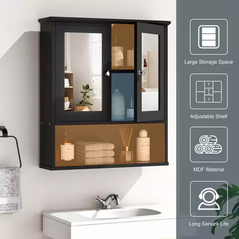 Armoire à pharmacie de salle de bain Celebalcony avec miroir, murale, organisateur suspendu en bois à compartiments ouverts avec portes et étagères réglables