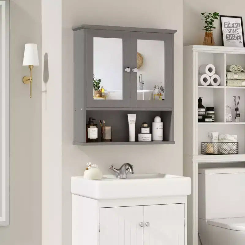 Armoire à pharmacie de salle de bain Celebalcony avec miroir, murale, organisateur suspendu en bois à compartiments ouverts avec portes et étagères réglables