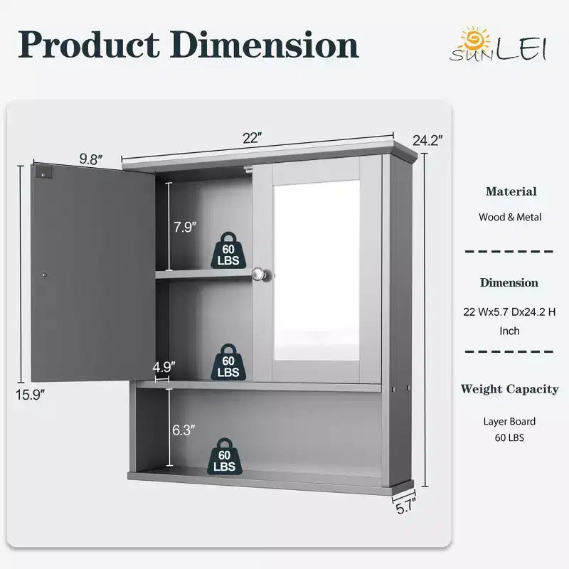 Armoire à pharmacie de salle de bain Celebalcony avec miroir, murale, organisateur suspendu en bois à compartiments ouverts avec portes et étagères réglables