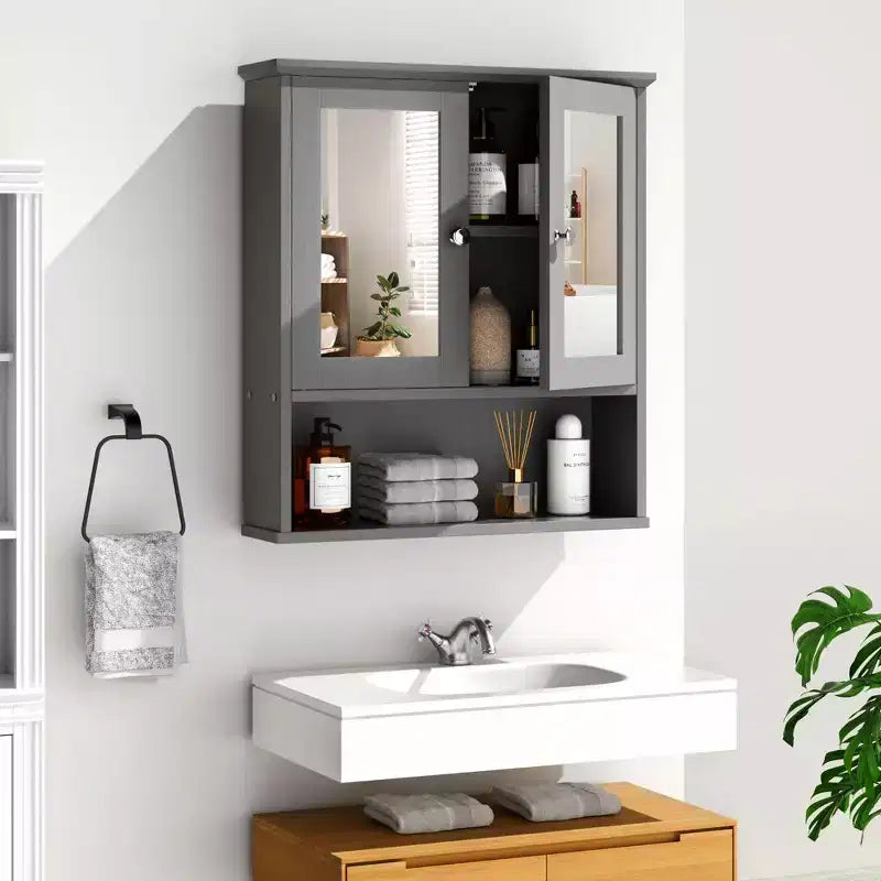 Armoire à pharmacie de salle de bain Celebalcony avec miroir, murale, organisateur suspendu en bois à compartiments ouverts avec portes et étagères réglables