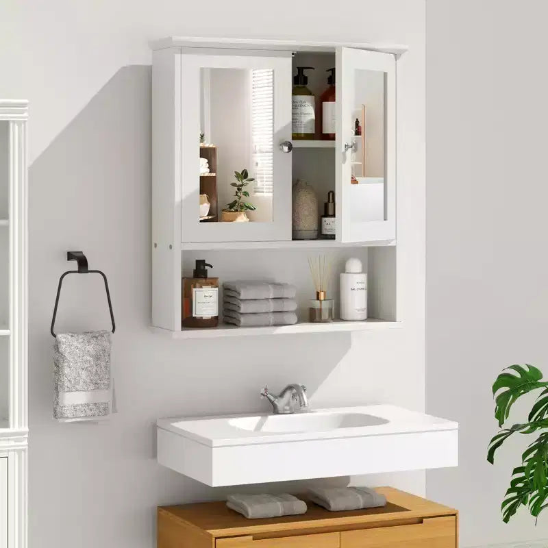 Armoire à pharmacie de salle de bain Celebalcony avec miroir, murale, organisateur suspendu en bois à compartiments ouverts avec portes et étagères réglables