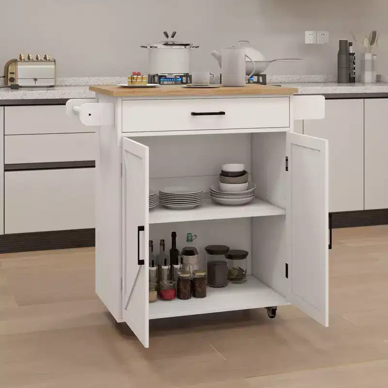 Desserte de cuisine roulante avec plateau en bois, tiroir, placard et porte-serviettes, îlot mobile pour la cuisine, le garage ou le bureau