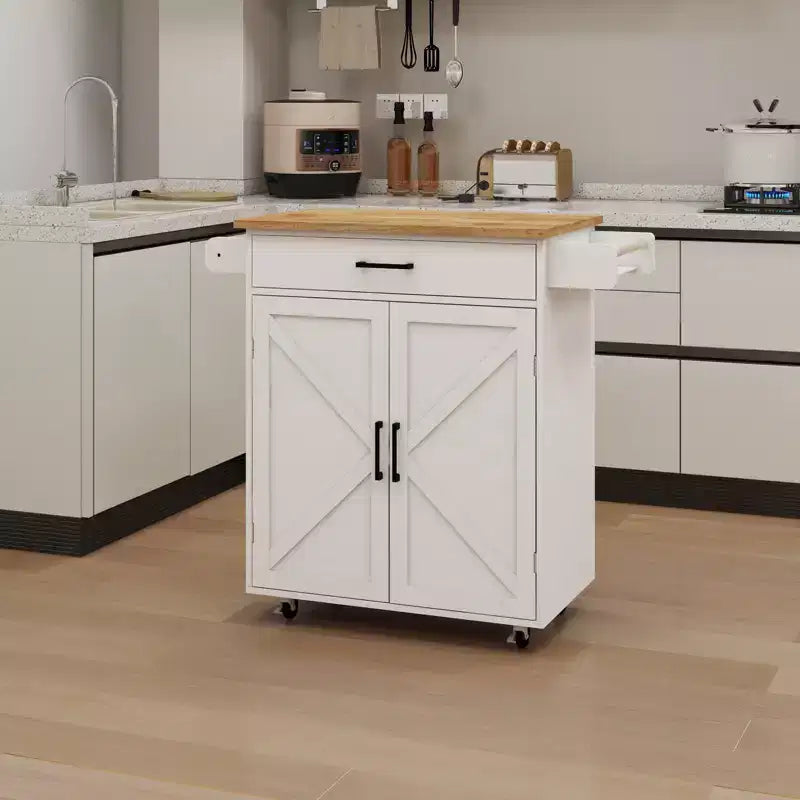 Desserte de cuisine roulante avec plateau en bois, tiroir, placard et porte-serviettes, îlot mobile pour la cuisine, le garage ou le bureau