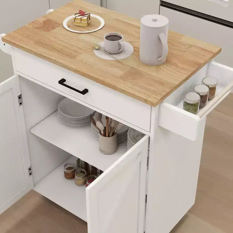 Desserte de cuisine roulante avec plateau en bois, tiroir, placard et porte-serviettes, îlot mobile pour la cuisine, le garage ou le bureau