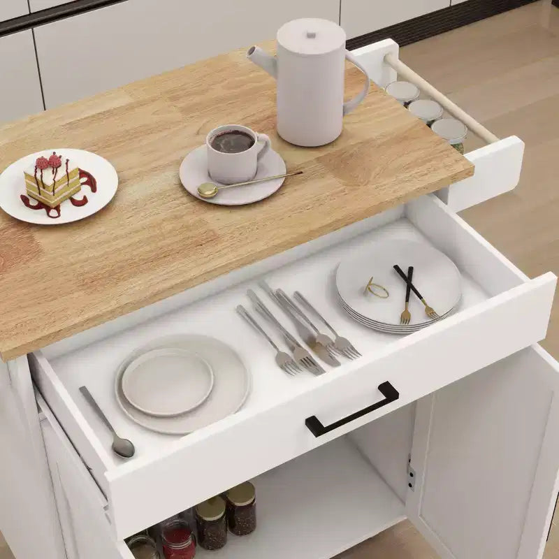 Desserte de cuisine roulante avec plateau en bois, tiroir, placard et porte-serviettes, îlot mobile pour la cuisine, le garage ou le bureau
