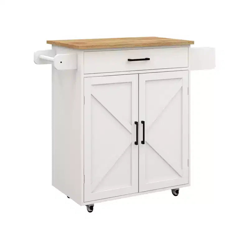 Desserte de cuisine roulante avec plateau en bois, tiroir, placard et porte-serviettes, îlot mobile pour la cuisine, le garage ou le bureau