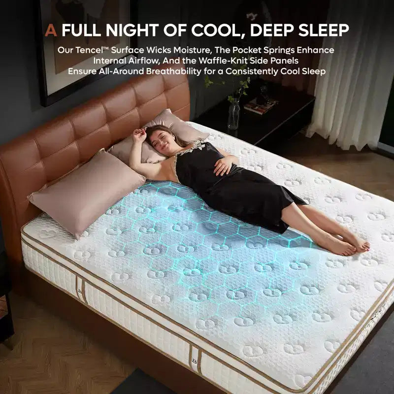 Matelas hybride Tencel King Size de 25 cm, fermeté moyenne, couche moelleuse et mousse à mémoire de forme rafraîchissante, livré dans une boîte.