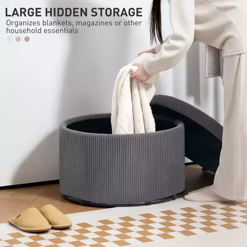 Pouffe de rangement rond de 24 pouces avec couvercle, repose-pieds rembourré en velours côtelé pour salon, chambre à coucher