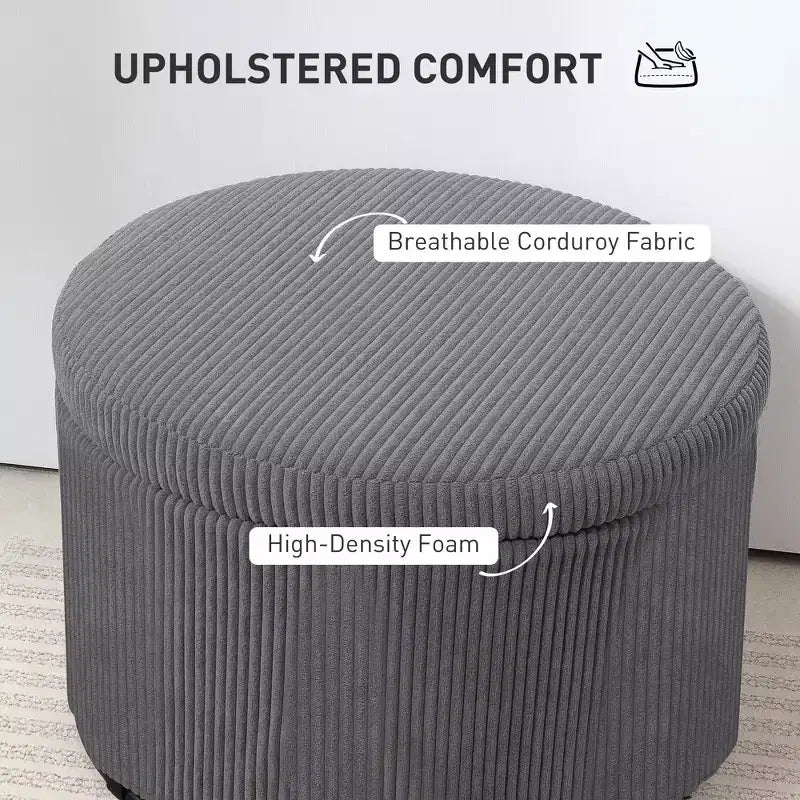 Pouffe de rangement rond de 24 pouces avec couvercle, repose-pieds rembourré en velours côtelé pour salon, chambre à coucher