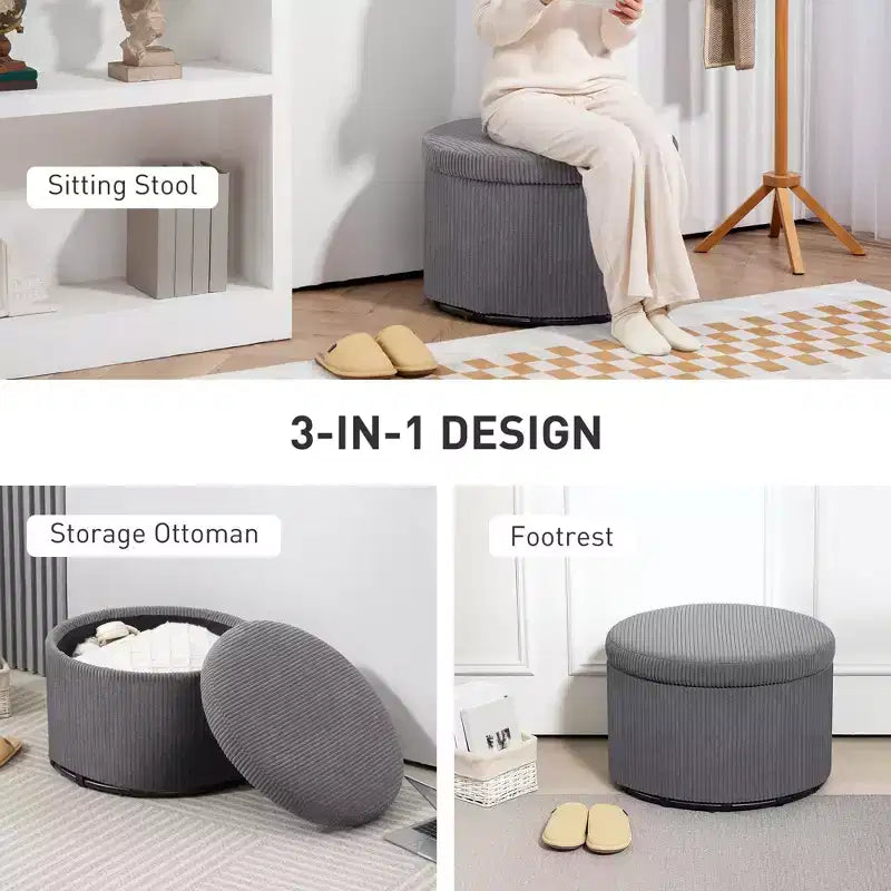 Pouffe de rangement rond de 24 pouces avec couvercle, repose-pieds rembourré en velours côtelé pour salon, chambre à coucher