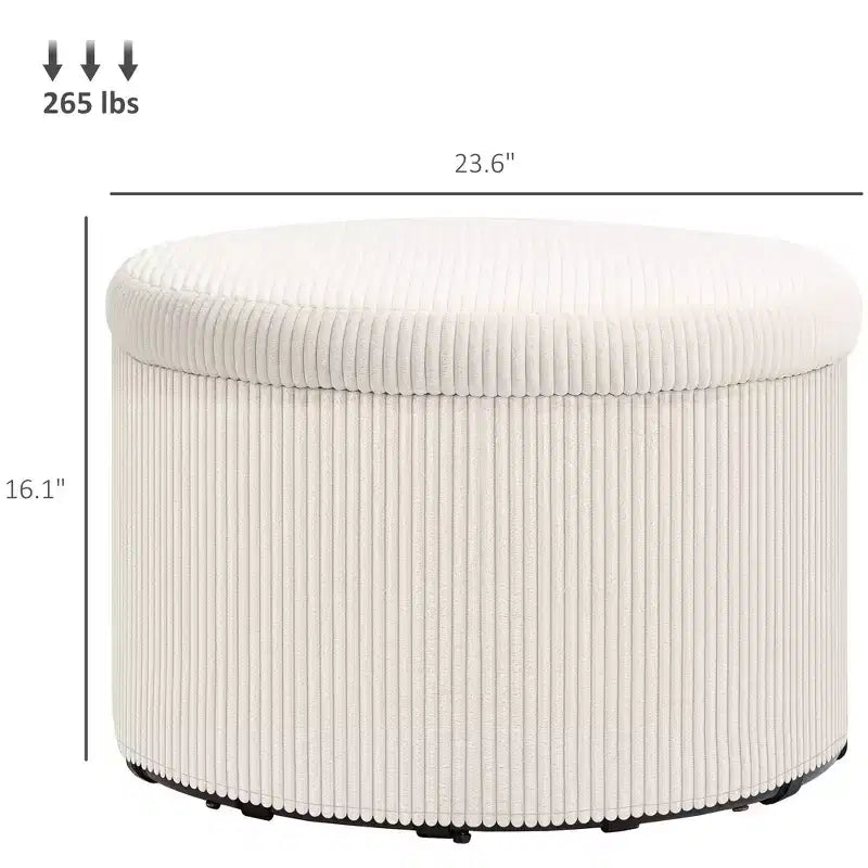 Pouffe de rangement rond de 24 pouces avec couvercle, repose-pieds rembourré en velours côtelé pour salon, chambre à coucher