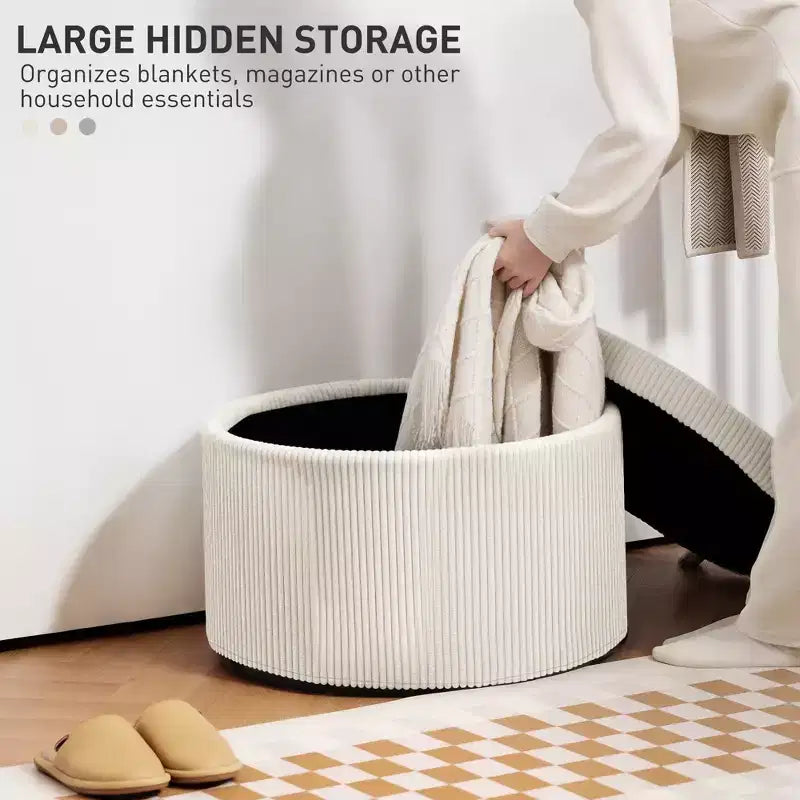 Pouffe de rangement rond de 24 pouces avec couvercle, repose-pieds rembourré en velours côtelé pour salon, chambre à coucher