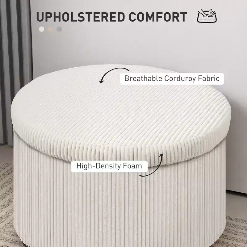 Pouffe de rangement rond de 24 pouces avec couvercle, repose-pieds rembourré en velours côtelé pour salon, chambre à coucher