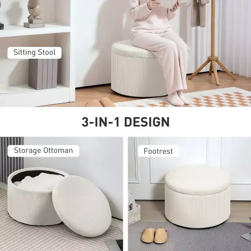 Pouffe de rangement rond de 24 pouces avec couvercle, repose-pieds rembourré en velours côtelé pour salon, chambre à coucher
