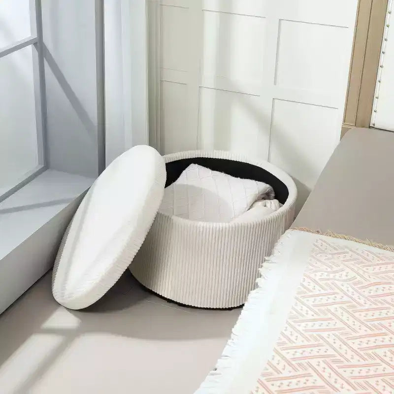 Pouffe de rangement rond de 24 pouces avec couvercle, repose-pieds rembourré en velours côtelé pour salon, chambre à coucher
