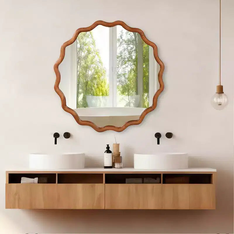 PexFix 36 Wavy Round Solid Wood Frame Decorative Mirror Modern Farmhouse Wall Mirror For Bedroom Bathroom Living Room Entryway Brown