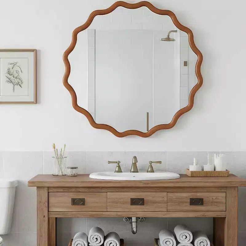 Miroir décoratif PexFix 36 avec cadre en bois massif ondulé, style moderne de ferme, pour chambre à coucher, salle de bain, salon, entrée, marron