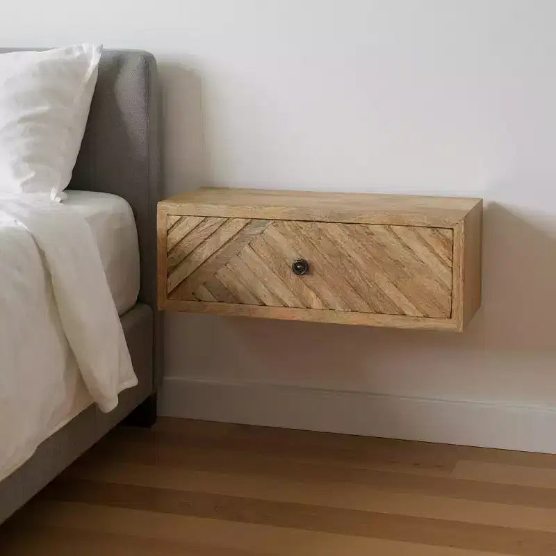 HomeRoots 18 Table de Chevet Murale Flottante Géométrique à Un Tiroir en Bois Massif Sculpté Naturel
