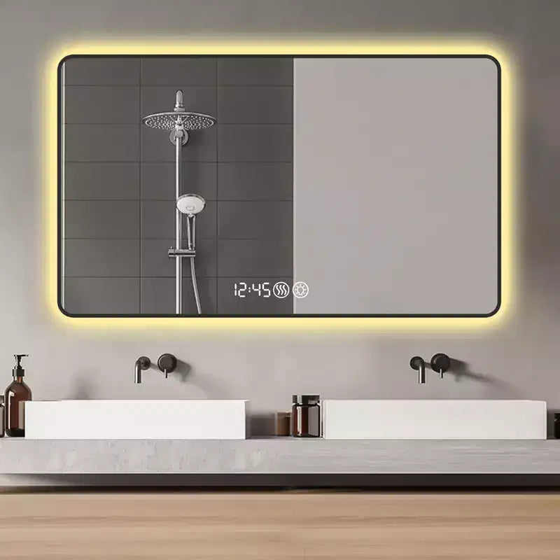 Miroirs de vanité de salle de bain avec cadre en alliage d'aluminium noir 29 x 39 avec coins arrondis Miroir de vanité Lumière tricolore Désembuage