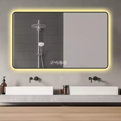 Miroirs de vanité de salle de bain avec cadre en alliage d'aluminium noir 29 x 39 avec coins arrondis Miroir de vanité Lumière tricolore Désembuage