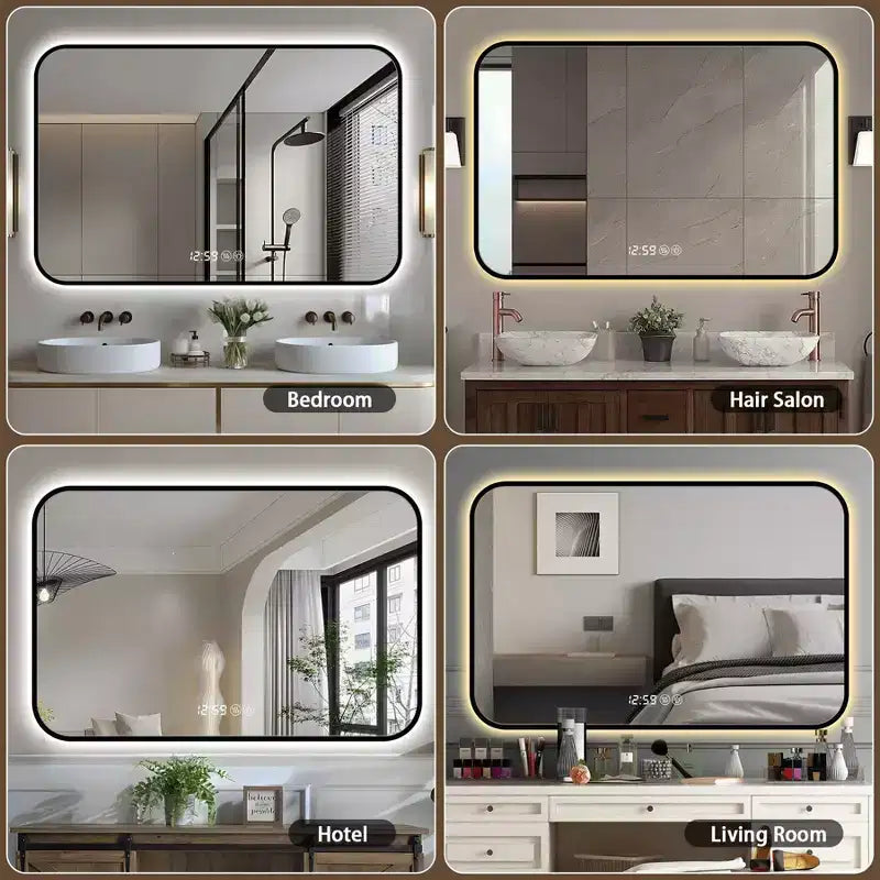 Miroirs de vanité de salle de bain avec cadre en alliage d'aluminium noir 29 x 39 avec coins arrondis Miroir de vanité Lumière tricolore Désembuage