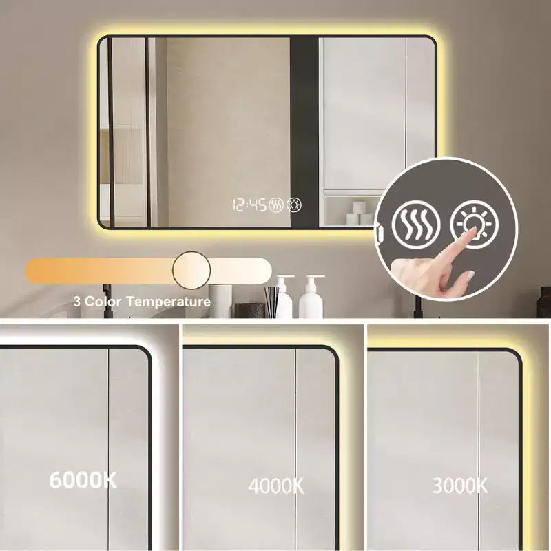 Miroirs de vanité de salle de bain avec cadre en alliage d'aluminium noir 29 x 39 avec coins arrondis Miroir de vanité Lumière tricolore Désembuage
