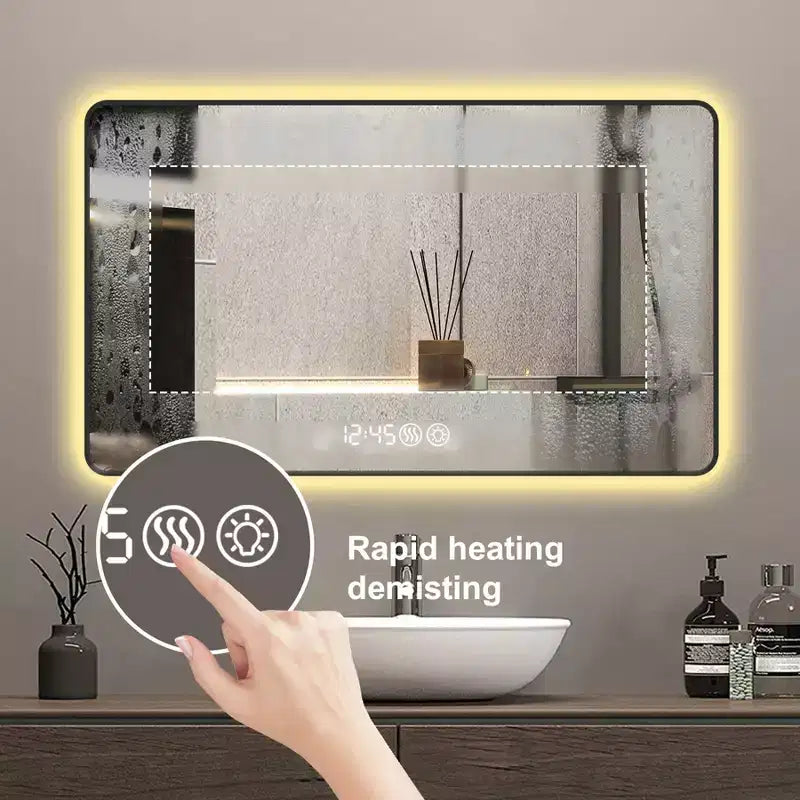Miroirs de vanité de salle de bain avec cadre en alliage d'aluminium noir 29 x 39 avec coins arrondis Miroir de vanité Lumière tricolore Désembuage