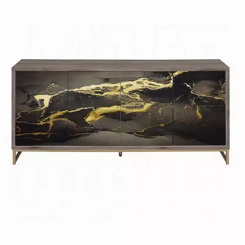 Buffet Console, Aspect Marbre Noir, Bois Marron 165 cm