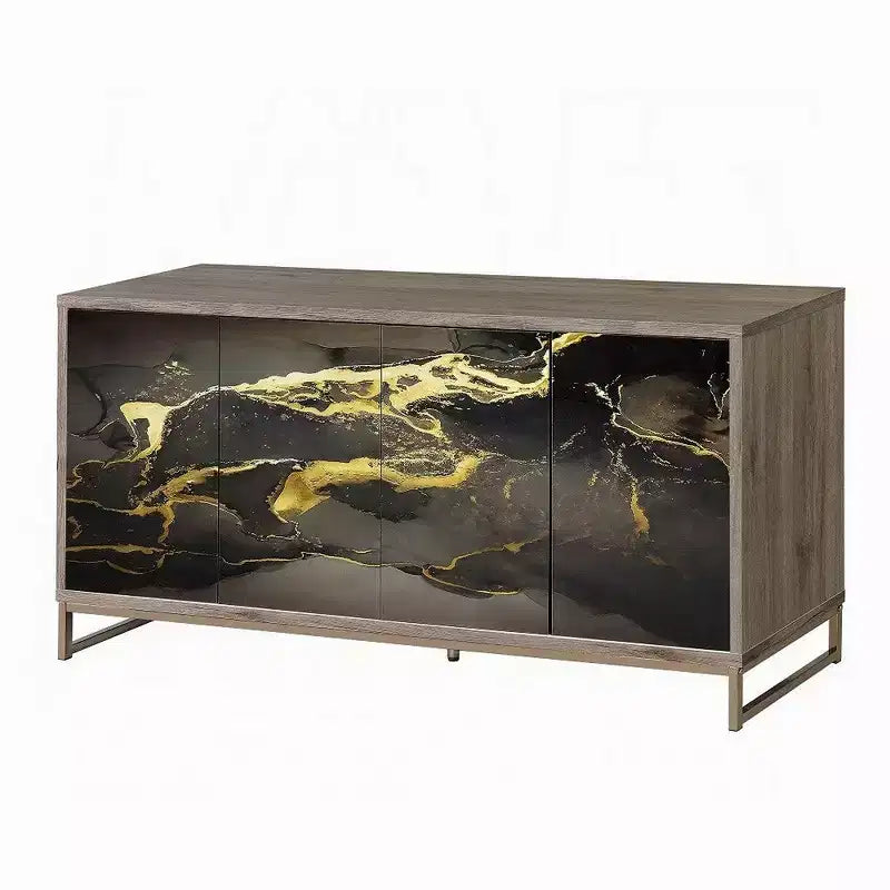Buffet Console, Aspect Marbre Noir, Bois Marron 165 cm