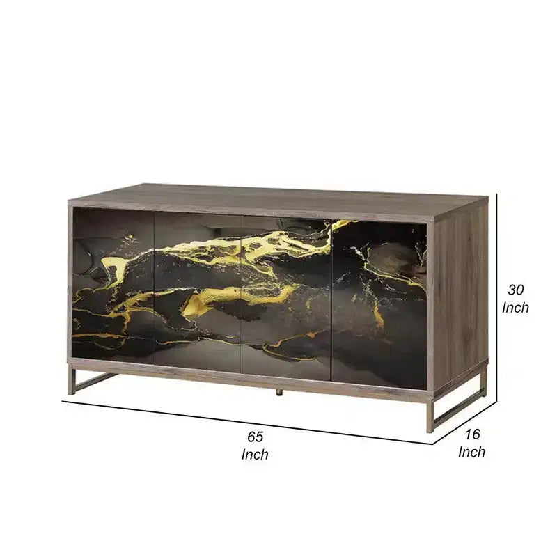 Buffet Console, Aspect Marbre Noir, Bois Marron 165 cm