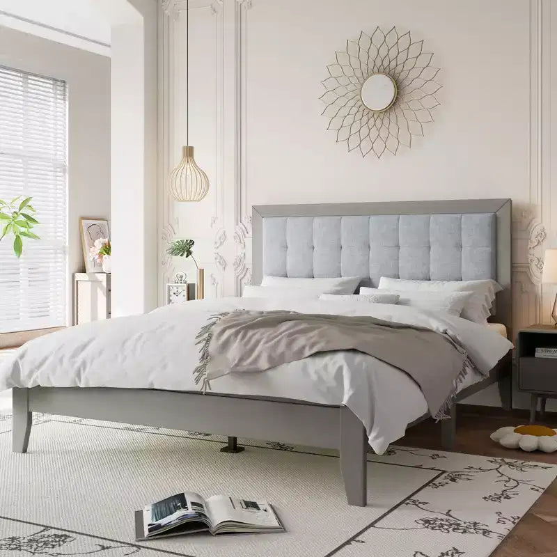 Bellemave Queen Upholstered Platform Bed with Headboard,solid wood Upholstered Platform Bed frame for bedroom,Gray