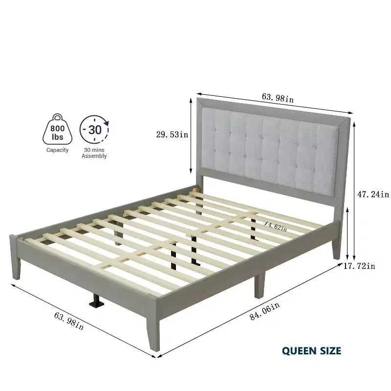 Lit plateforme capitonné Queen avec tête de lit, cadre de lit plateforme capitonné en bois massif pour chambre à coucher, Gris