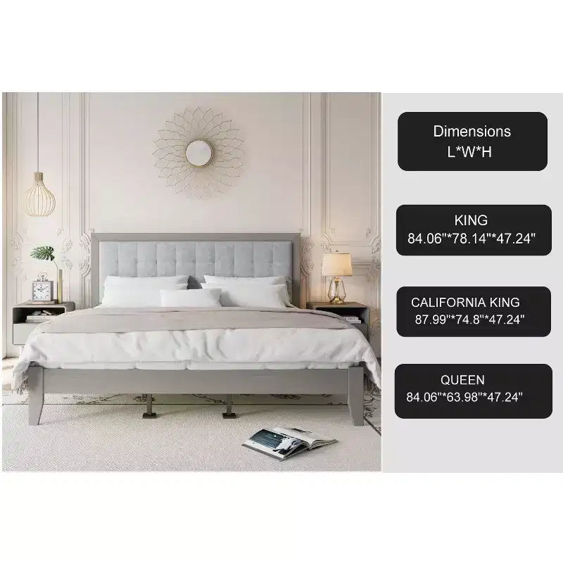 Lit plateforme capitonné Queen avec tête de lit, cadre de lit plateforme capitonné en bois massif pour chambre à coucher, Gris
