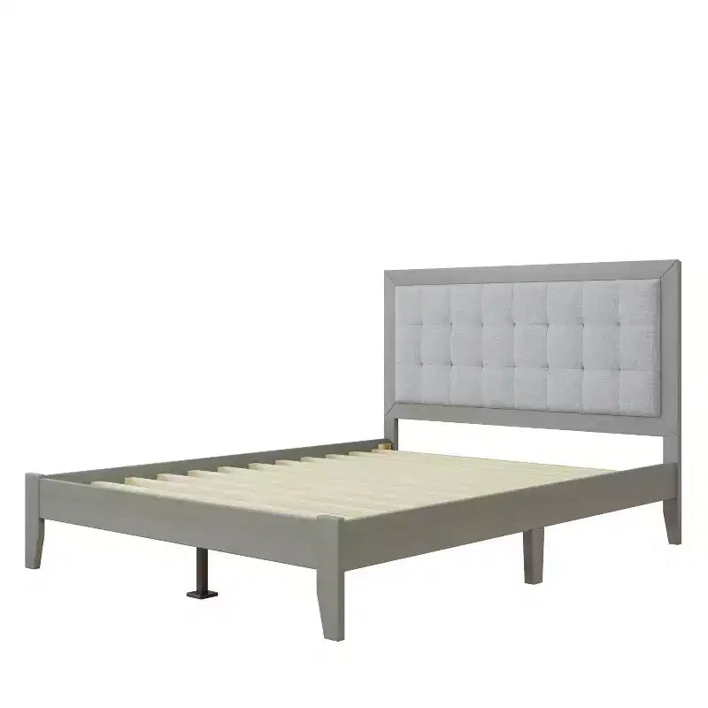 Lit plateforme capitonné Queen avec tête de lit, cadre de lit plateforme capitonné en bois massif pour chambre à coucher, Gris