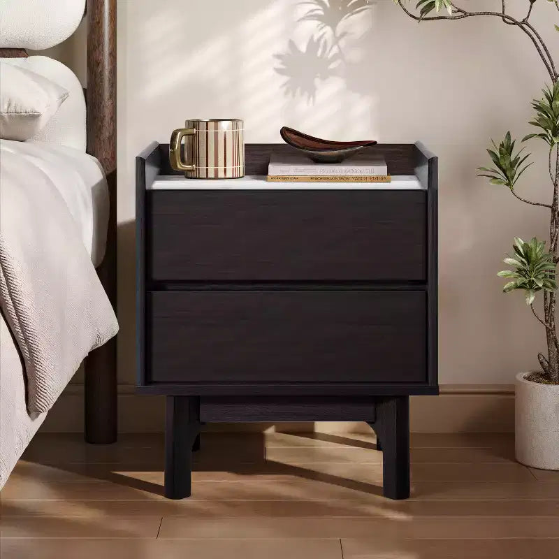 Table de chevet moderne LuxenHome avec plateau en faux marbre, 23, table de chevet wengé noir avec tiroir marron
