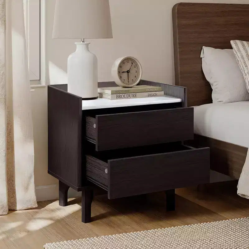 Table de chevet moderne LuxenHome avec plateau en faux marbre, 23, table de chevet wengé noir avec tiroir marron