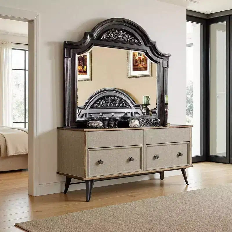 Miroir de commode, 49 pouces sculpté floral noyer marron bois massif