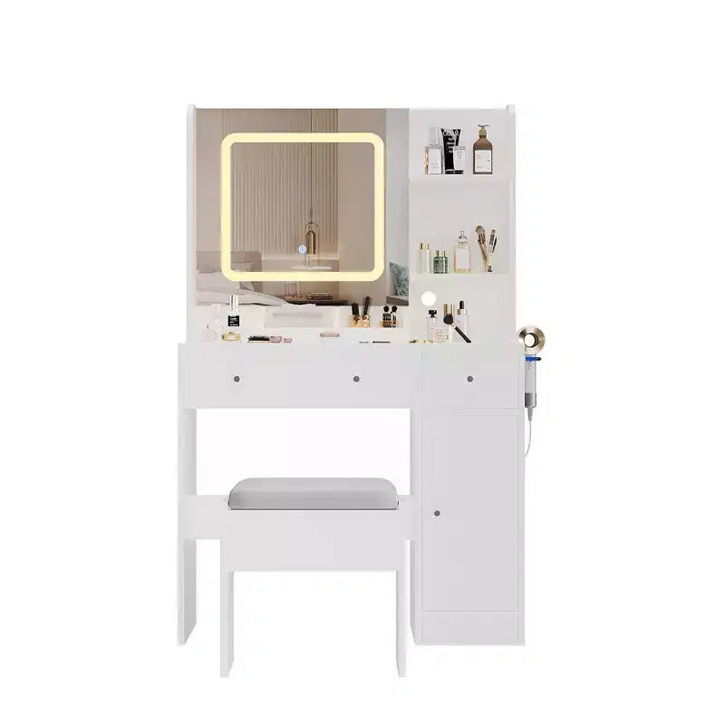 Coiffeuse avec miroir coulissant, coiffeuse et tabouret avec lumières 3 couleurs, table de maquillage pour filles avec station de recharge pour chambre à coucher