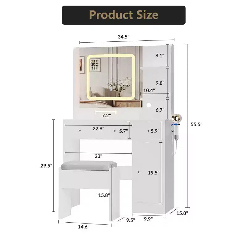 Coiffeuse avec miroir coulissant, coiffeuse et tabouret avec lumières 3 couleurs, table de maquillage pour filles avec station de recharge pour chambre à coucher