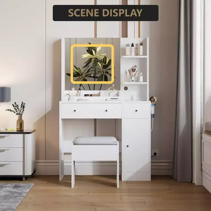 Coiffeuse avec miroir coulissant, coiffeuse et tabouret avec lumières 3 couleurs, table de maquillage pour filles avec station de recharge pour chambre à coucher
