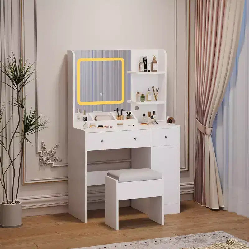 Coiffeuse avec miroir coulissant, coiffeuse et tabouret avec lumières 3 couleurs, table de maquillage pour filles avec station de recharge pour chambre à coucher
