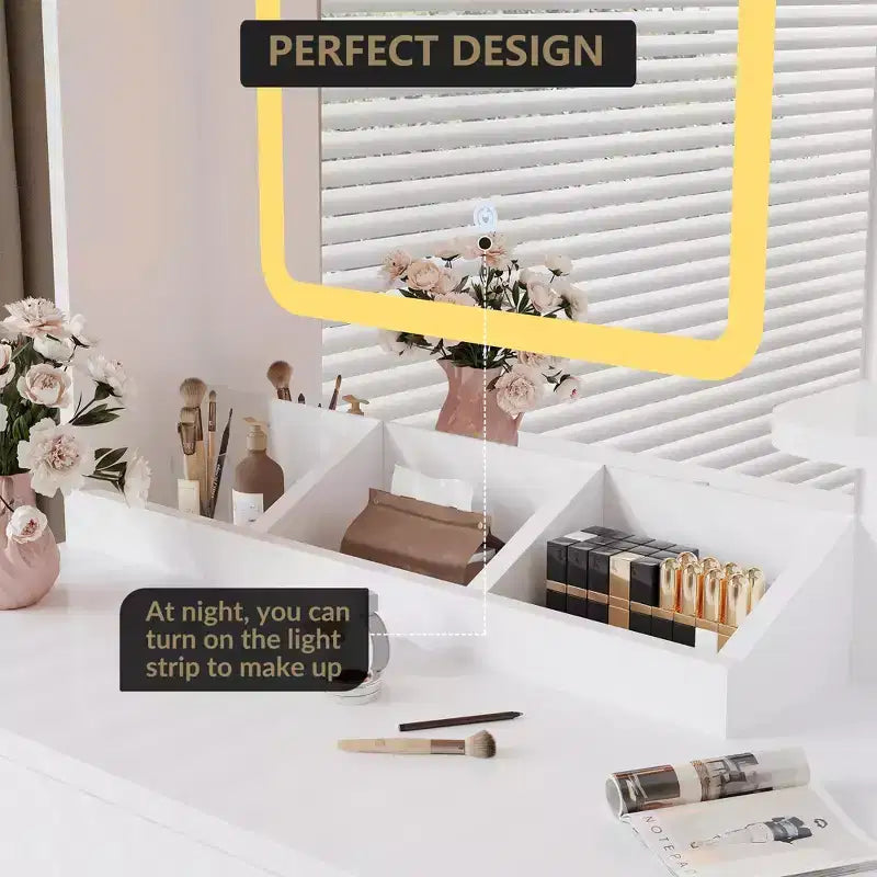 Coiffeuse avec miroir coulissant, coiffeuse et tabouret avec lumières 3 couleurs, table de maquillage pour filles avec station de recharge pour chambre à coucher