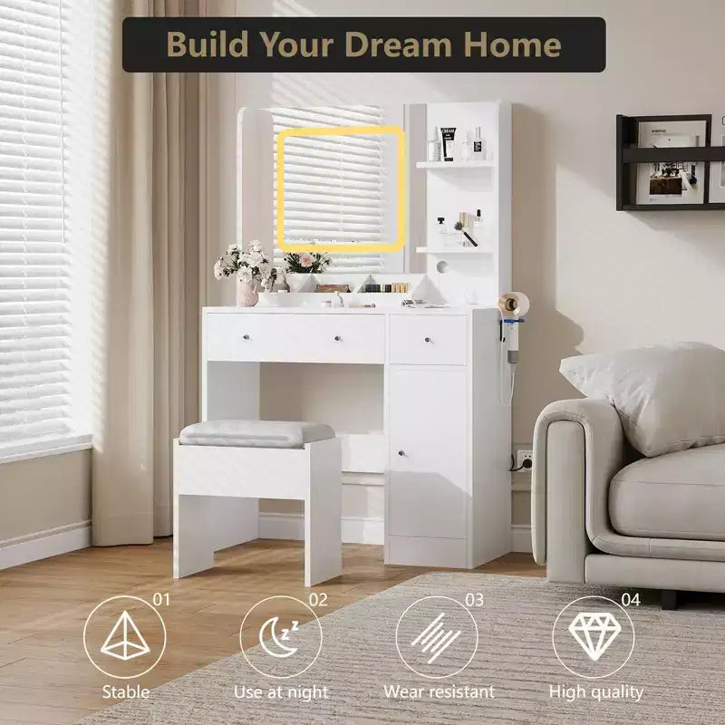Coiffeuse avec miroir coulissant, coiffeuse et tabouret avec lumières 3 couleurs, table de maquillage pour filles avec station de recharge pour chambre à coucher