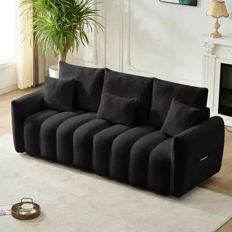 Canapé 3 places 78 pouces en tissu Teddy de qualité supérieure avec 3 oreillers de dossier et 3 coussins de dossier, cadre en bois massif, avec fauteuil rembourré surdimensionné