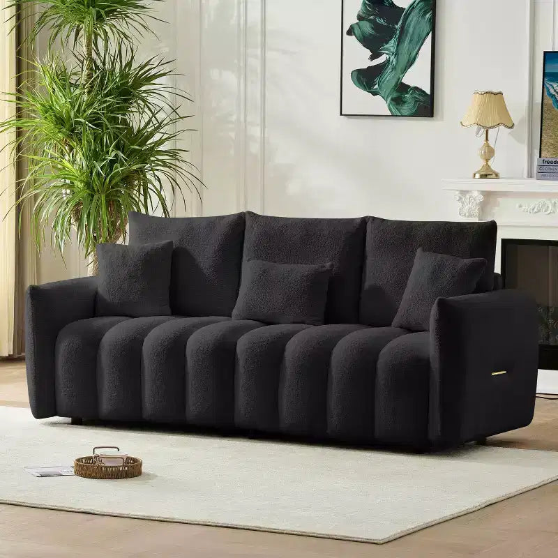 Canapé 3 places 78 pouces en tissu Teddy de qualité supérieure avec 3 oreillers de dossier et 3 coussins de dossier, cadre en bois massif, avec fauteuil rembourré surdimensionné
