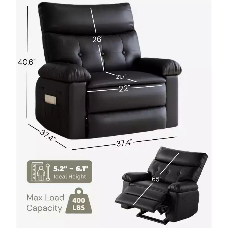 Fauteuil inclinable XL – Fauteuil inclinable manuel en cuir PU pour adultes, Fauteuil relax confortable avec accoudoirs et dossier rembourrés, Poche latérale, Canapé simple