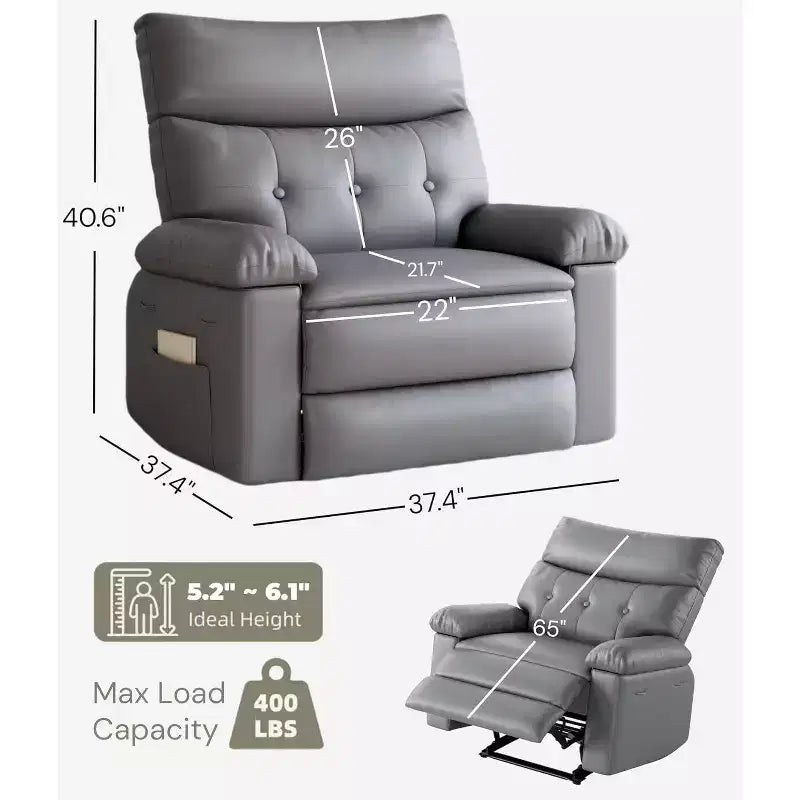 Fauteuil inclinable XL – Fauteuil inclinable manuel en cuir PU pour adultes, Fauteuil relax confortable avec accoudoirs et dossier rembourrés, Poche latérale, Canapé simple