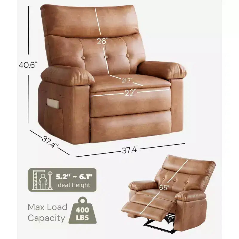 Fauteuil inclinable XL – Fauteuil inclinable manuel en cuir PU pour adultes, Fauteuil relax confortable avec accoudoirs et dossier rembourrés, Poche latérale, Canapé simple