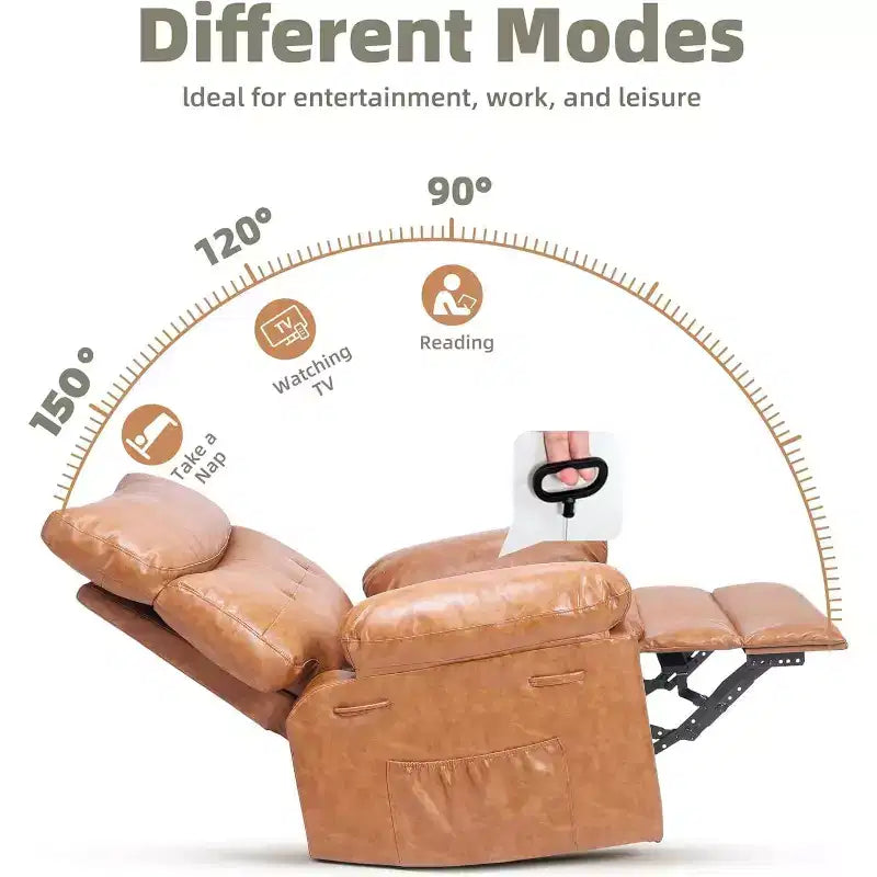 Fauteuil inclinable XL – Fauteuil inclinable manuel en cuir PU pour adultes, Fauteuil relax confortable avec accoudoirs et dossier rembourrés, Poche latérale, Canapé simple